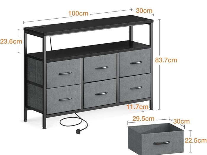 Chest of Drawers Bedroom with 6 Drawers, Fabric Storage Drawers with 2 USB and 2 Sockets