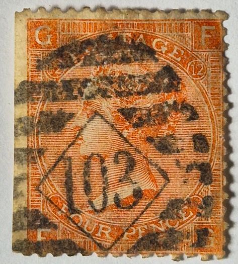 Great Britain SG 94 4d Vermilion Plate 12 Used - Irish Diamond 103 Cancel (Carrickmacross)