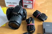 Canon EOS 400D with kit lens in box with acessories
