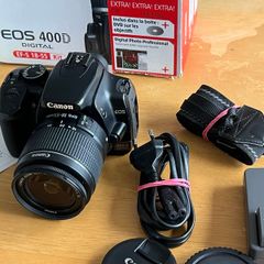 Canon EOS 400D with kit lens in box with acessories