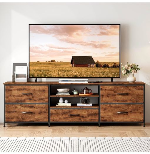 TV Stand Cabinet, TV Unit with 5 Drawers, 140 cm, Brown TV Console Table with Storage Organizers, Entertainment Center with Open Shelf for Living Room, Bedroom