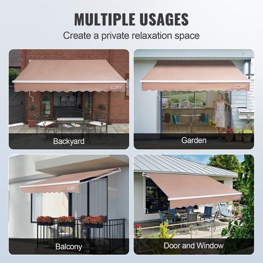Manual Retractable Awning, 10 x 8 ft Outdoor Patio Awning Retractable Sun Shade, Water-Resistant Polyester Patio Door Window Awning Sunshade Shelter with Crank Handle for Backyard, Balcony