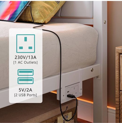 3FT Single Bed Frame with Storage Headboard, White Metal Platform Upholstered Bed frame USB Charging Station,Heavy Duty Metal Bed with LED Lights,Easy Assembly