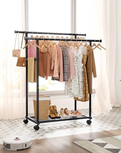 Double Rod Clothes Rack with Fixed Extension Rod & Universal Wheels, Clothing Rail with Built-In Shelf for Closet Organizers and Storage, 98cm x 42cm x 150cm, Black