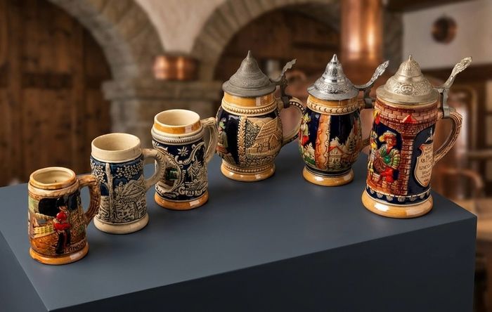 Collection of 6 Vintage German Beer Steins Includes Authentic DBGM Marked Pieces