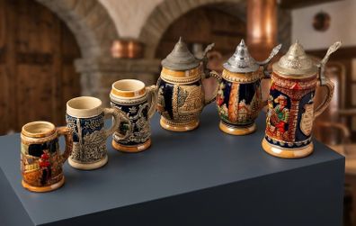Collection of 6 Vintage German Beer Steins Includes Authentic DBGM Marked Pieces