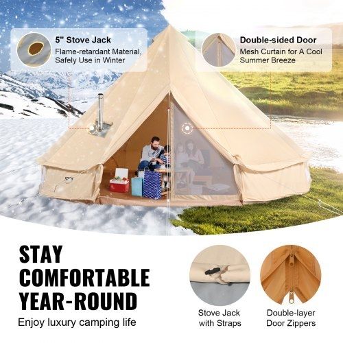 Canvas Bell Tent, 4 Seasons 4 m/13.12 ft Yurt Tent, Canvas Tent for Camping with Stove Jack, Breathable Tent Holds up to 6 People