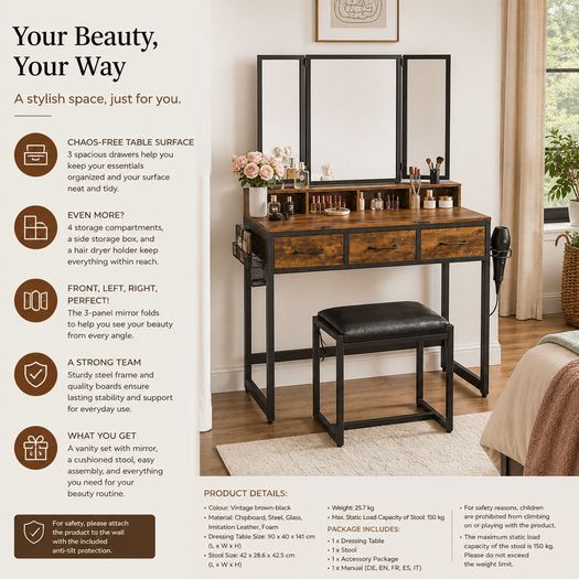 Industrial Dressing Table with Folding Mirror and Stool Vintage Brown Black