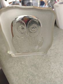 Vintage Owl Crystal Paperweight 70s Mid Century Glass