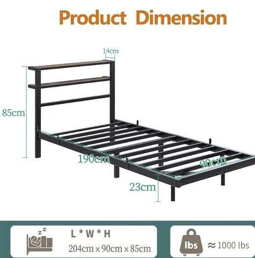 Single Floating Metal Bed Frame with LED Lights Storage Shelf Walnut Floating Metal Platform Bed With USB Charging Station Heavy Duty Noise Free Slats No Box Spring Needed For Bedroom