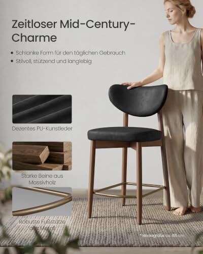 Set of 2 Bar Stools with Backrest Solid Wood Legs in PU Leather Padded Counter Stool