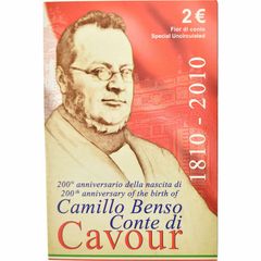 Italy 2 Euro Commemorative Coin 2010 - Camillo Benso Conte di Cavour BU. Coincard.