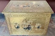 Ornate Brass Fireside Coal Box Embossed Three Ships at Sea