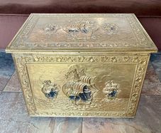 Ornate Brass Fireside Coal Box Embossed Three Ships at Sea