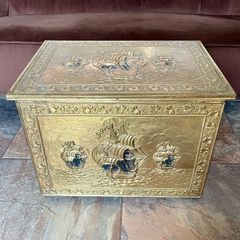 Ornate Brass Fireside Coal Box Embossed Three Ships at Sea
