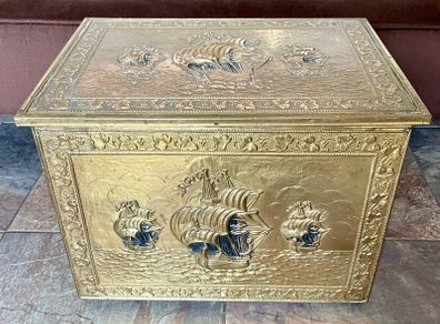 Ornate Brass Fireside Coal Box Embossed Three Ships at Sea