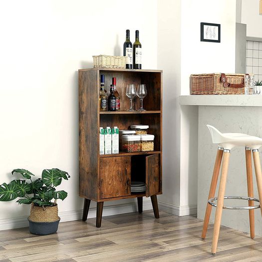 _Retro Bookcase with 2 Shelves and Cabinet Doors Living Room Cabinet Retro Furniture for Living Room, Foyer, Office, Storage for Books Photos Decoration Wood Effect