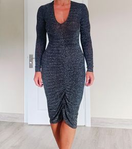 Black sparkle, Ruched front midi dress, size XS