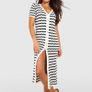Boohoo White Black Wavy Stripe Crochet Button Through Knit Midi Dress 12UK/40EU Image 2