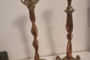 Two unusual gothic brass and copper candlesticks