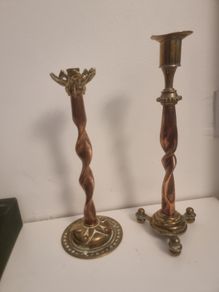 Two unusual gothic brass and copper candlesticks
