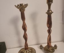 Two unusual gothic brass and copper candlesticks