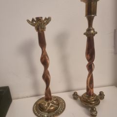 Two unusual gothic brass and copper candlesticks
