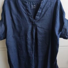 M&S Navy 100% Pure Linen Short Sleeve Top - Size 16 - Like New