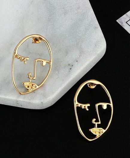 Golden Artistic Face-Shaped Earrings Minimalist Statement Jewelry