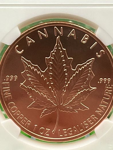 1avdp oz Fine 999 Copper Bullion Cannabis Round.