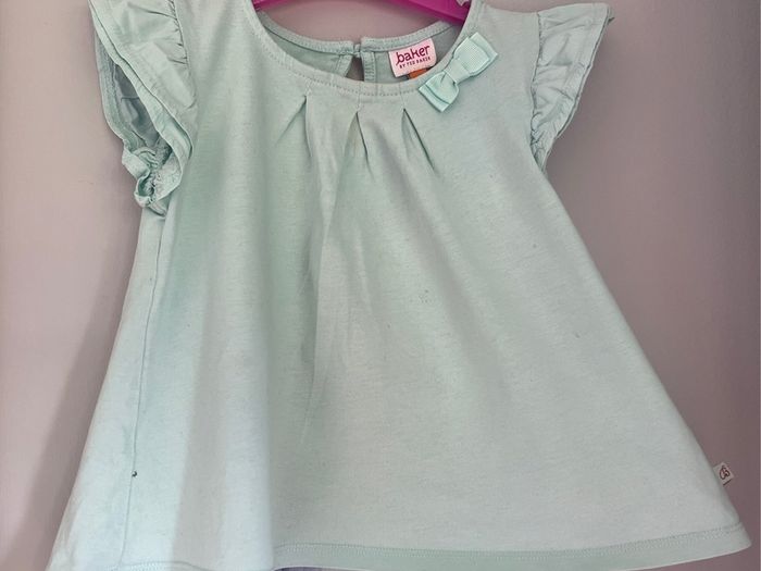 Ted Baker Baby girls mint/aqua T-shirt with bow & floral detail at back Sz 18-24 mths EUC