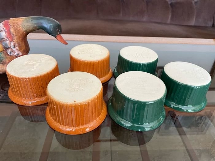Vintage Mixed Set Emile Henry Ramekins Brown and Green Ribbed Oven to Tableware Set of 6 1980s 2000s