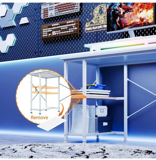 120x50cm Gaming Desk with LED Lights & Power Outlets,White Storage Shelves, Dual Monitor Stand, Home Office & Study, Work from Home, Bedroom, Small Spaces, Dorm, Space-Saving, Students