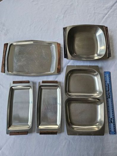 Vintage Danish 18/8 stainless steel & teak serving trays