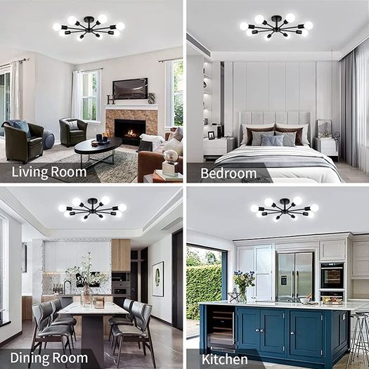 Modern 8 Lights Sputnik Chandeliers Black Semi Flush Mount Ceiling Light Fixture Mid Century Ceiling Pendant Lighting for Living Room Dining Room Bedroom Kitchen (FREE SHIPPING)