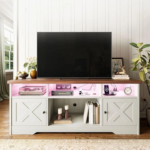 TV Unit, TV Stand Cabinet with Sockets, USB and LED, TV Cabinet Suitable for up to 65'' TV, with 4 Open Compartments and 2 Cabinets, Suitable for Living Room, 150 x 35 x 65cm, White