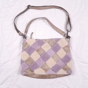 FredsBruder Lilac Purple Taupe Woven Patchwork Shearling Grain Leather Crossbody Bag