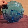 Vintage Turquoise Davison "Jacobean" pressed Glass Shallow 3 Footed Bowl Image 3