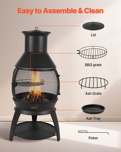 22 Inch Chiminea Outdoor Iron Fireplace with Grill Mesh & Chimney Coat