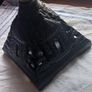 Antique Blue Glass Brass and cast iron metal large table oil lamp in very good condition and working Image 4