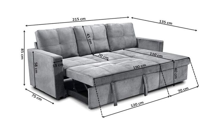 Grey velvet Corner Sofa Bed with Storage 215cm