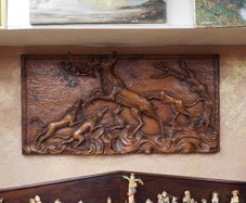 Large Hand-Carved Wooden Hunting Scene Relief Panel