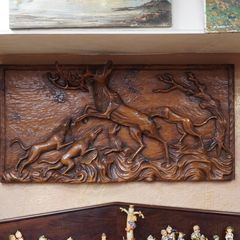 Large Hand-Carved Wooden Hunting Scene Relief Panel