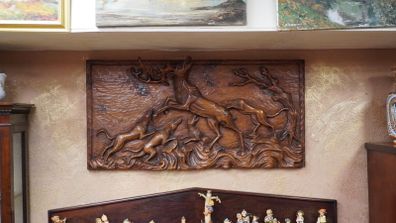 Large Hand-Carved Wooden Hunting Scene Relief Panel