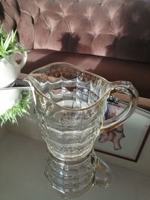Art Deco Davidson Jacobean Pressed Glass Large 1.5 Pint Jug / Pitcher with Gold Decorative Rim Handle & Base