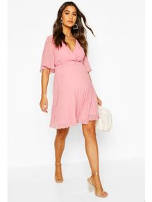Maternity Pleated Wrap Skater Dress, Blush, Brand New, Bohoo