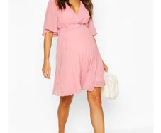 Maternity Pleated Wrap Skater Dress, Blush, Brand New, Bohoo