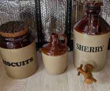 Vintage Pearsons of Chesterfield Stoneware Kitchen Set, Biscuits Jar, Sherry Dispenser and jar