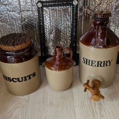 Vintage Pearsons of Chesterfield Stoneware Kitchen Set, Biscuits Jar, Sherry Dispenser and jar