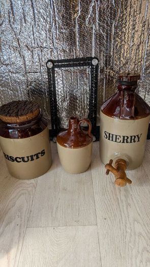 Vintage Pearsons of Chesterfield Stoneware Kitchen Set, Biscuits Jar, Sherry Dispenser and jar